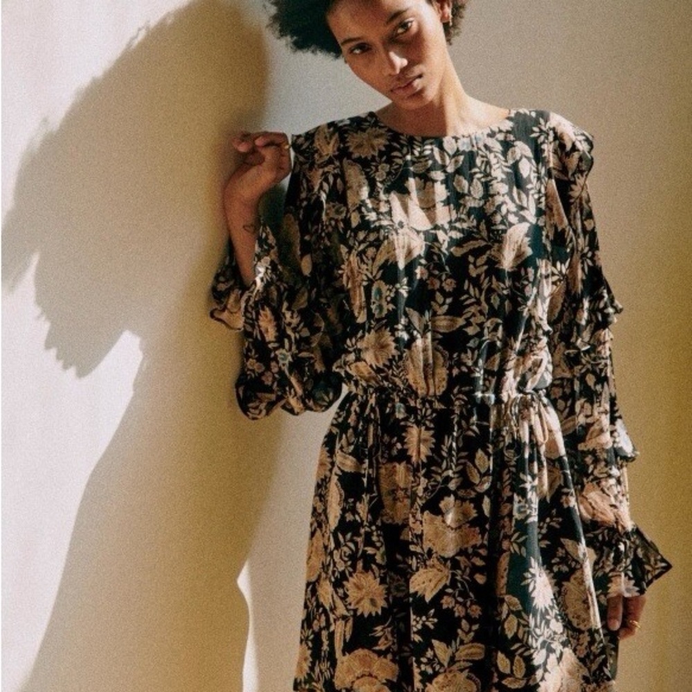 Sezane Black and Cream Floral Long Sleeve Dress